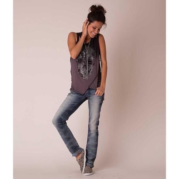 Affliction Womens T-Shirt Size Large Skull Patchwork Deconstructed Gothic Grunge - Picture 4 of 11